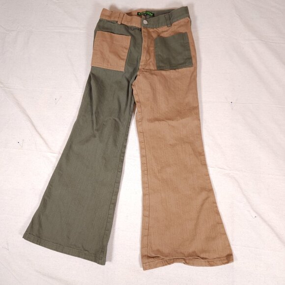 Tunnel Vision Patchwork Jeans Womens Medium Green Tan Flare Skater Streetware - Picture 11 of 14